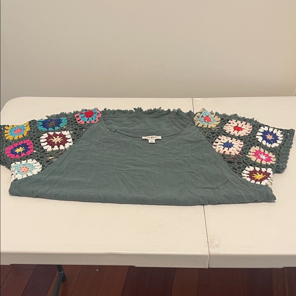 Hippy 70s Retro Crochet Linen Blend Top Granny Square Crochet Sleeves Size Small - Picture 11 of 14